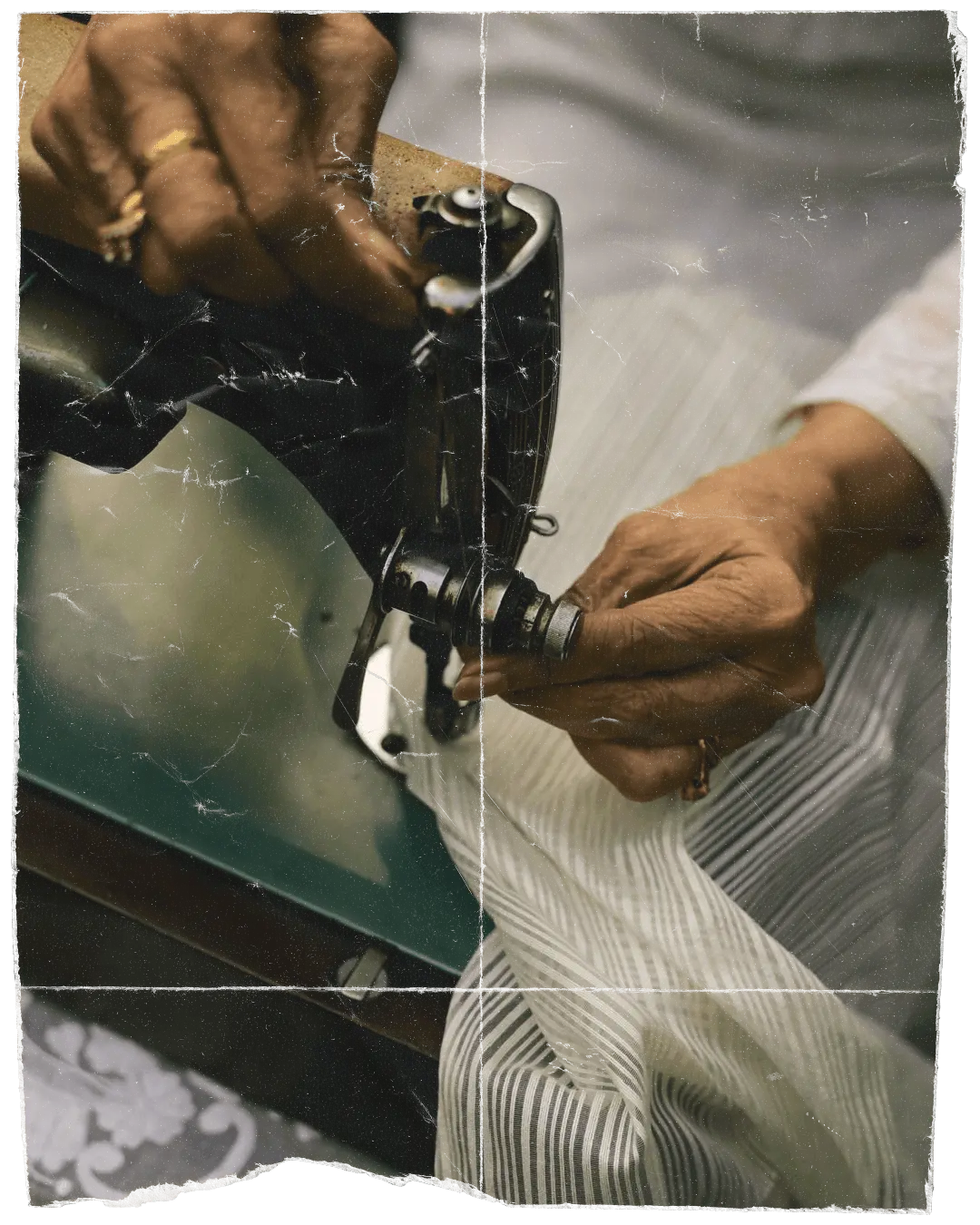 D'muri brand story elderly hands with gold rings guiding striped fabric through a vintage sewing machine