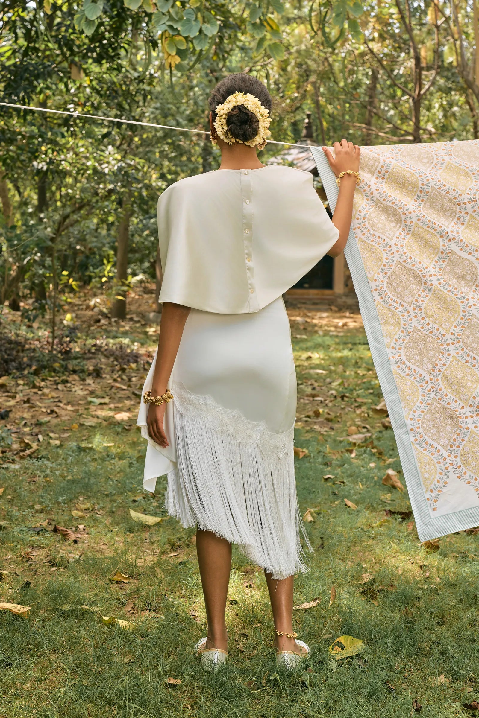 D'muri The Fringe Salon Skirt back view of fringe detail on salon midi skirt