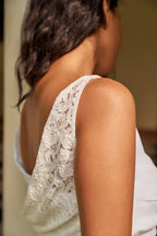 D'muri The Lace Layered Cowl Blouse close-up of lace layering and cowl fold