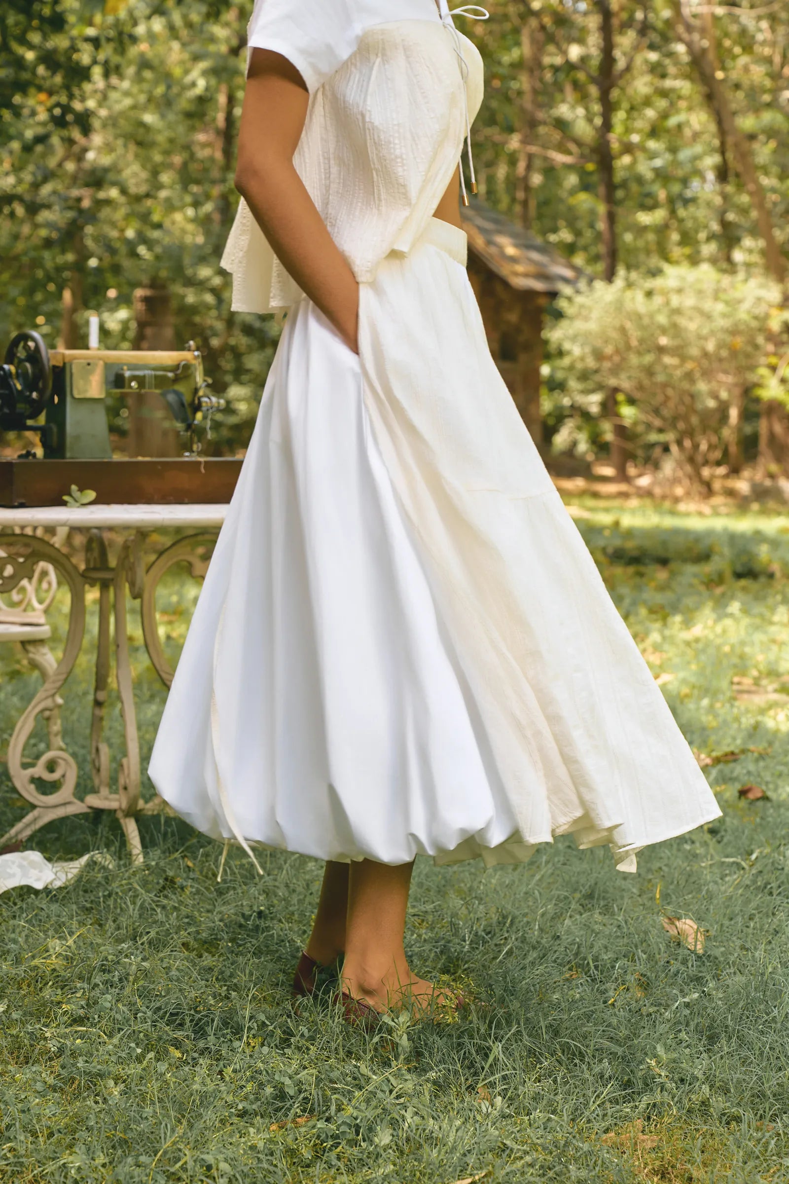 D'muri The Pavilion Skirt side view showing full pavilion volume and silhouette