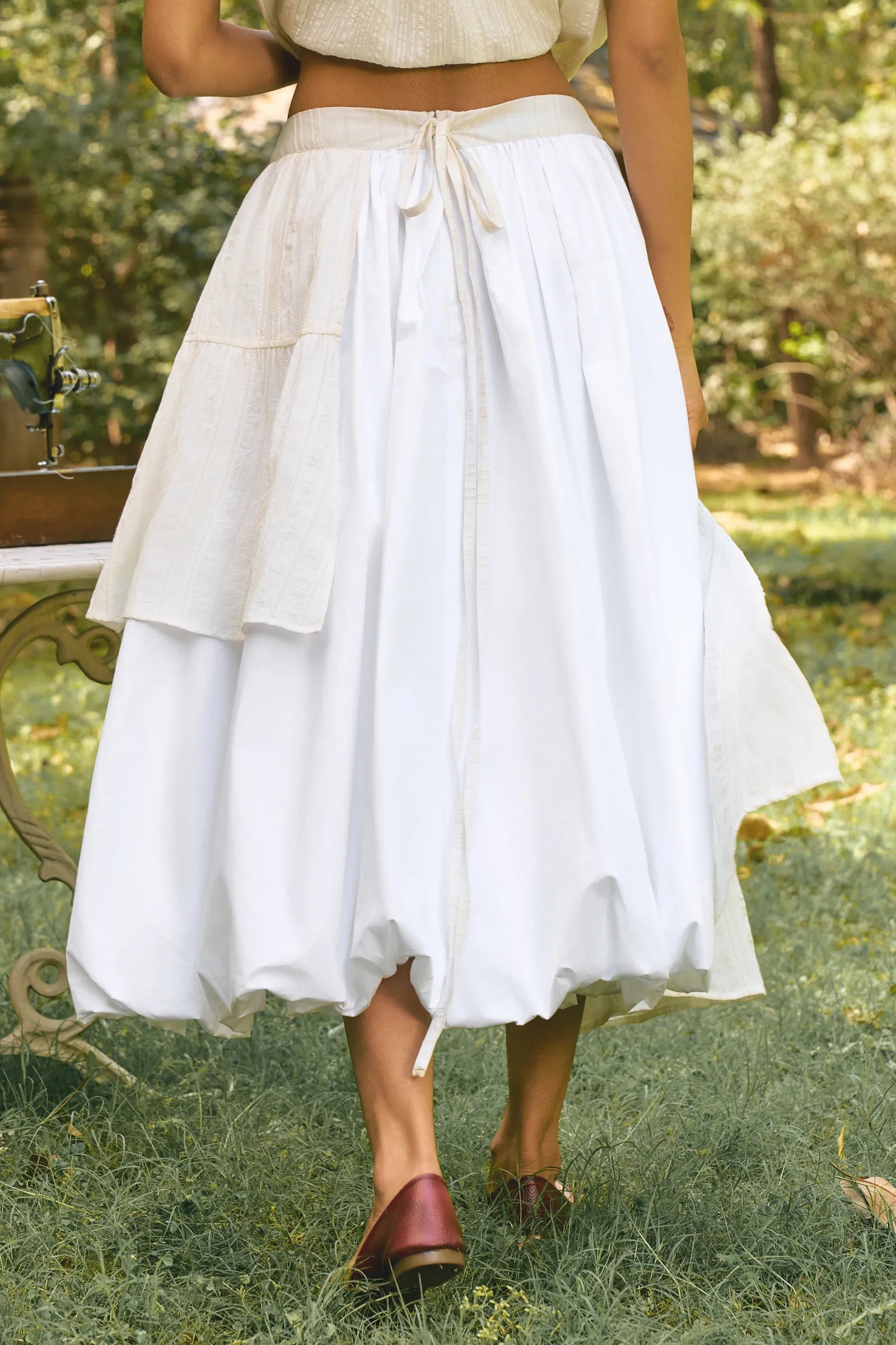 D'muri The Pavilion Skirt back view of structured bell-shaped luxury skirt