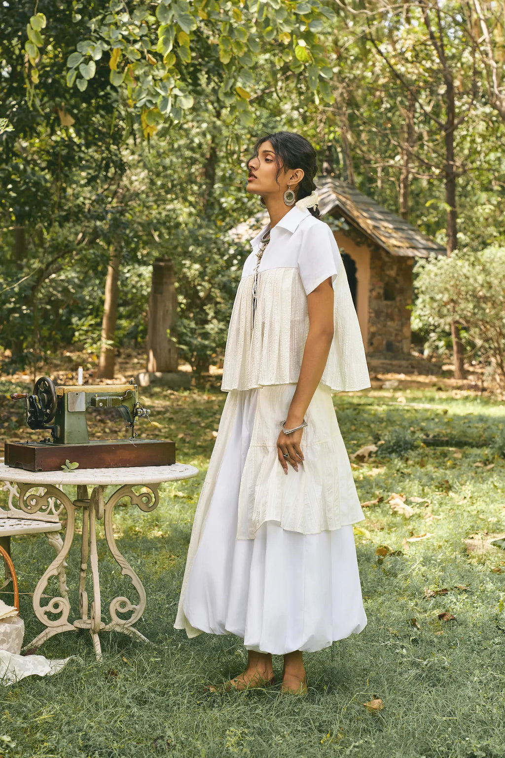 D'muri The Pleated Bodice Top editorial lifestyle, architectural pleated top