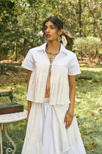D'muri The Pleated Bodice Top structured pleated women's top, front view