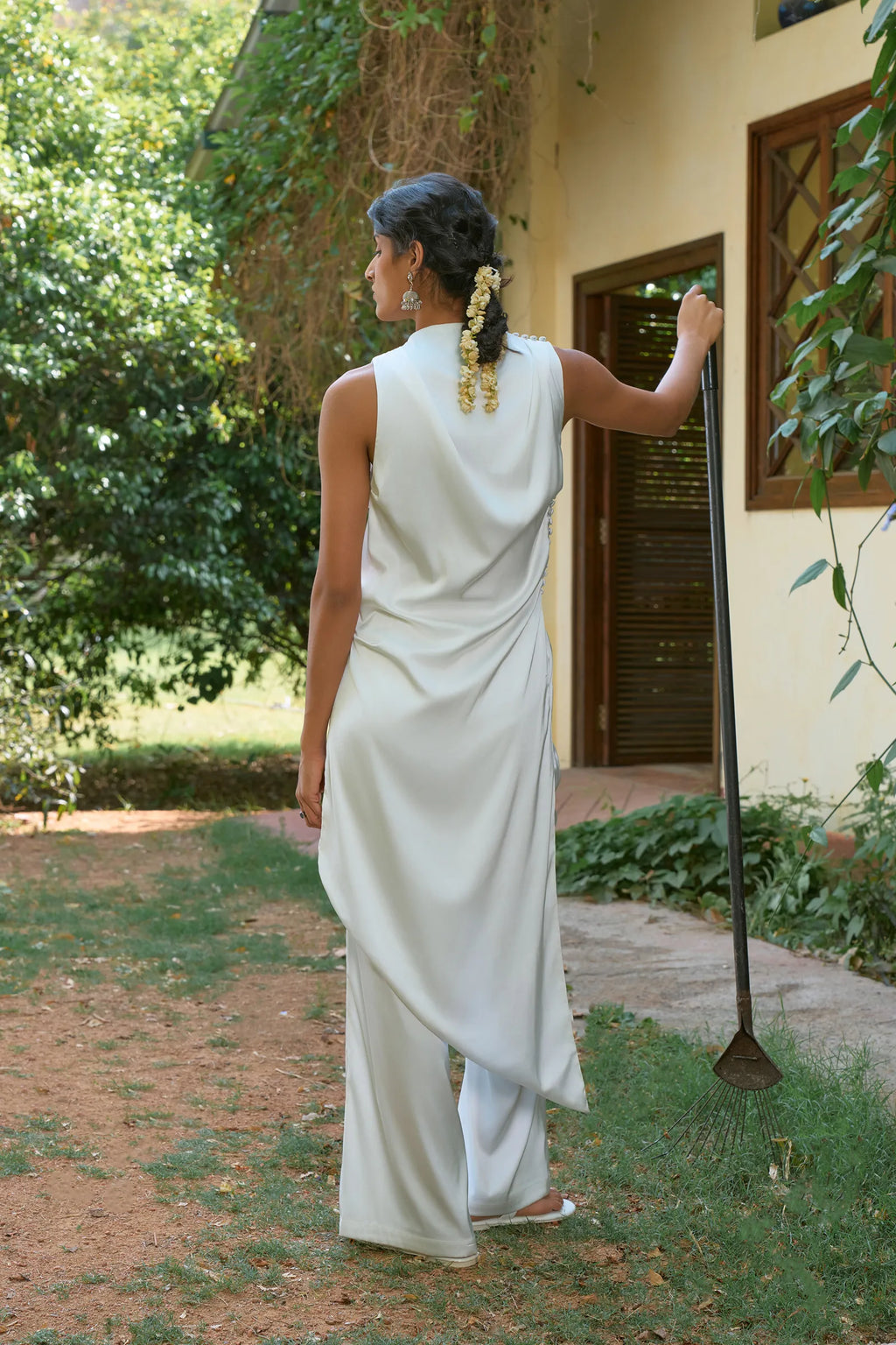 D'muri The Bias Cut Satin Blouse back view, open back and fluid satin drape