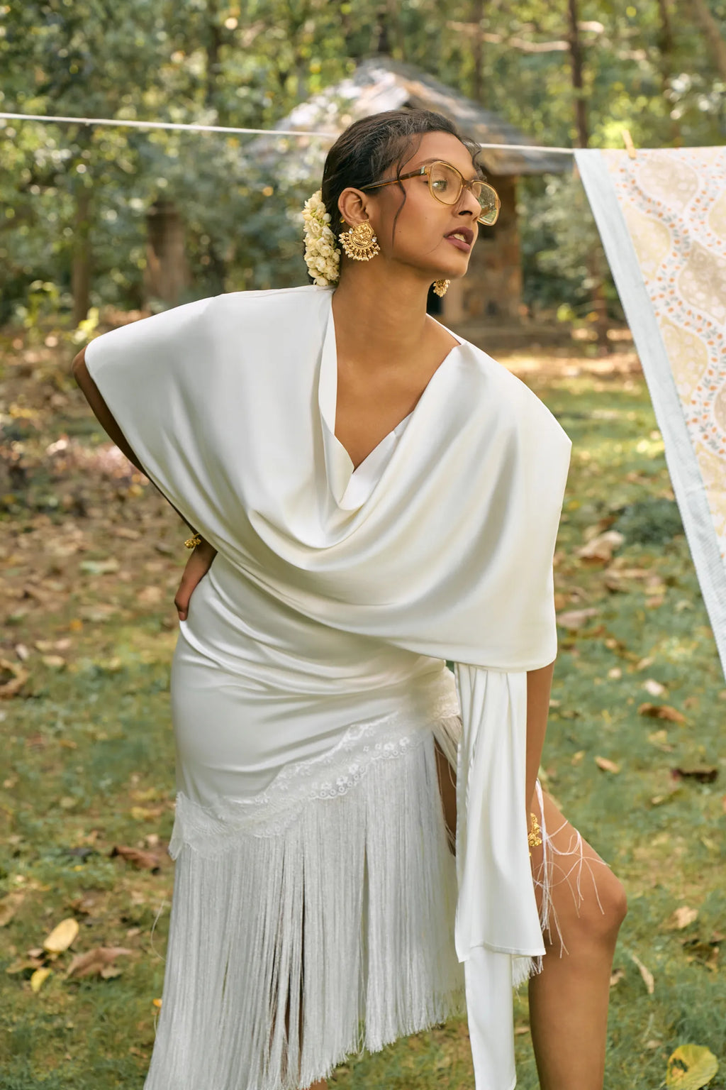 D'muri The Heirloom Scarf Overlay editorial, draped scarf as occasion wear