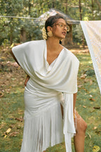 D'muri The Heirloom Scarf Overlay editorial, draped scarf as occasion wear
