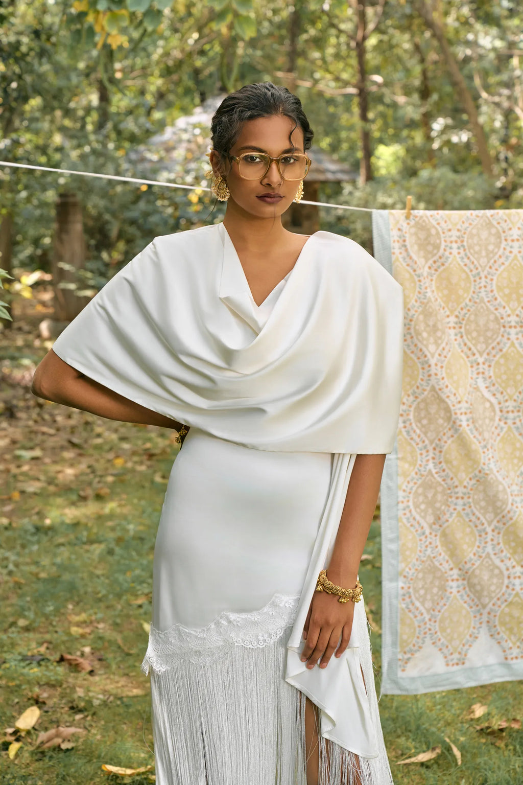 D'muri The Heirloom Scarf Overlay heritage scarf worn as overlay top, front