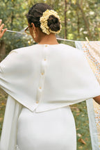 D'muri The Heirloom Scarf Overlay detail of embroidered edge and fabric drape