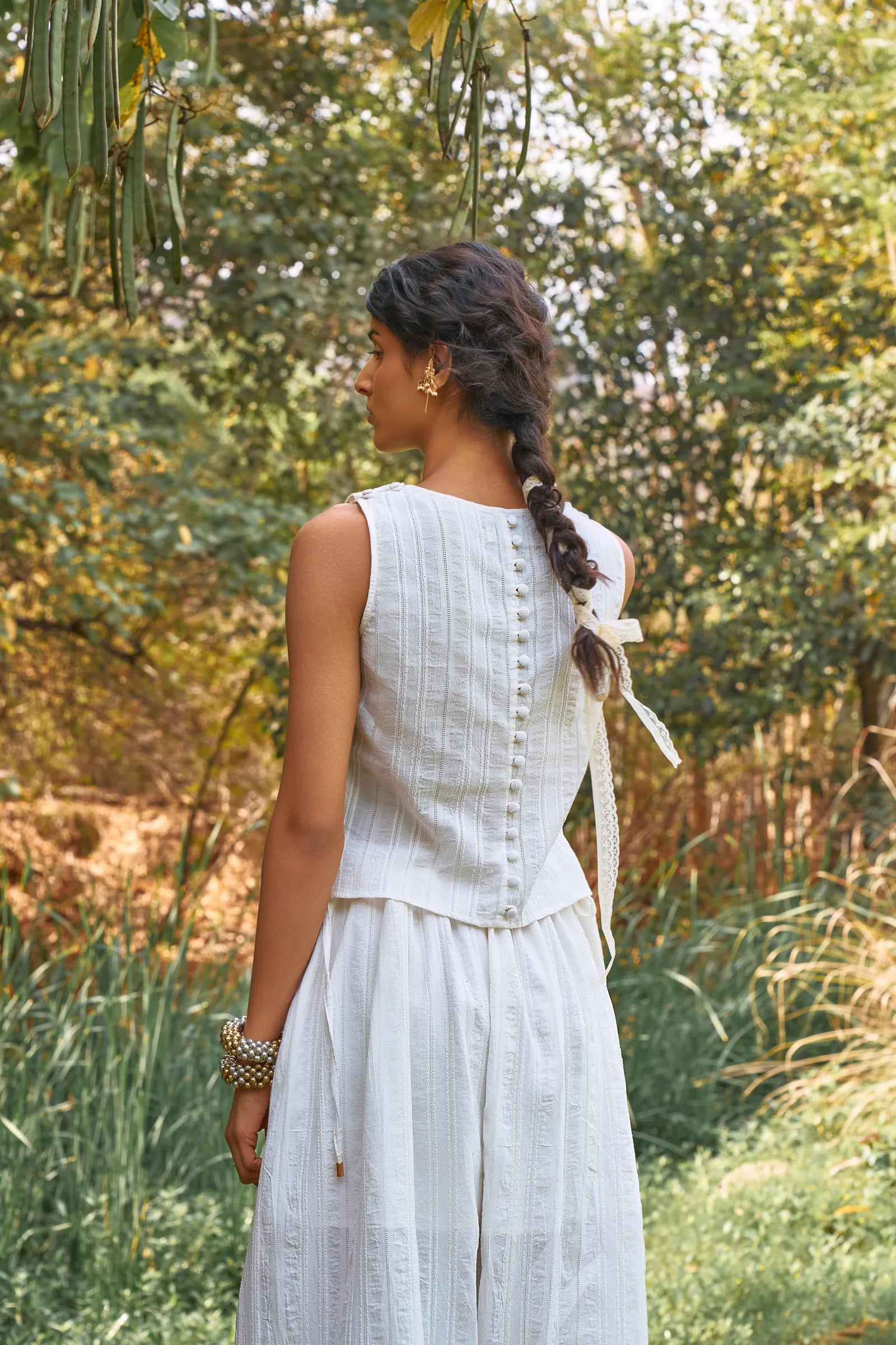D'muri The Jacquard Day Blouse back view, structured jacquard fabric blouse