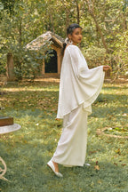 D'muri The Solarium Chanderi Set back view of chanderi set, sheer flowing fabric