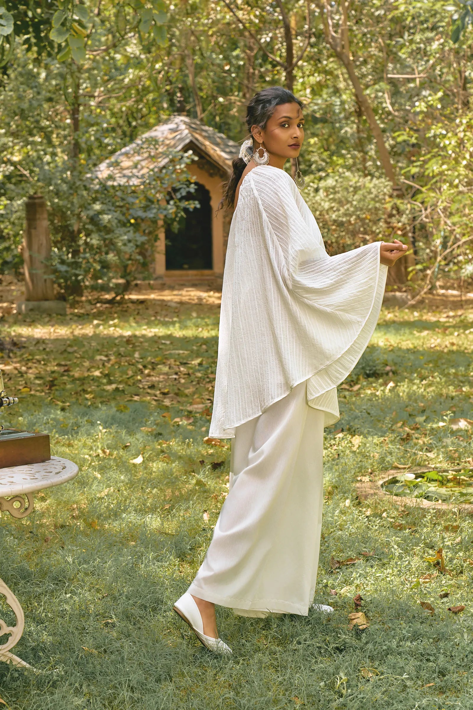 D'muri The Solarium Chanderi Set back view of chanderi set, sheer flowing fabric