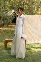 D'muri The Tailor's Panel Shirt editorial shot, tailored luxury blouse for women