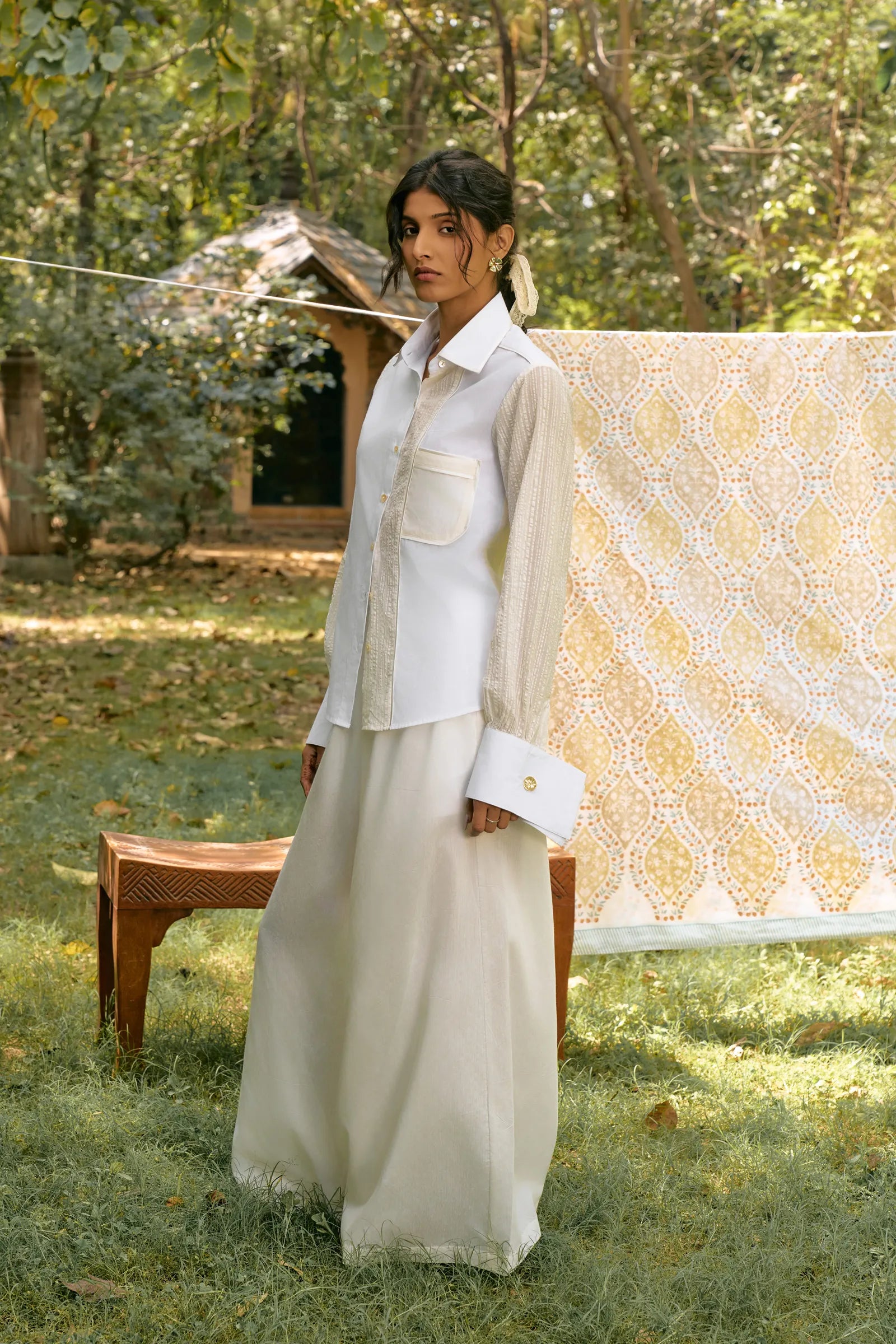 D'muri The Tailor's Panel Shirt editorial shot, tailored luxury blouse for women
